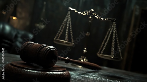 Judge's Gavel and Scales of Justice in a Courtroom - Symbol of Law, Justice, and Legal Authority