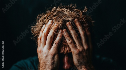 Intense Anxiety and Confusion - Close-up of Individual with Messy Hair Gripping Head in Dim Light, Medium Shot Photo Expressing Emotions of Distress