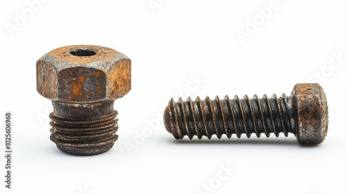 Damaged bolt and screw with visible rust on white background