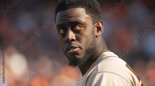 Close-up of professional baseball player in uniform, intense expression as he prepares to throw the ball during a high-stakes playoff game, capturing the focus and determination of the athlete.