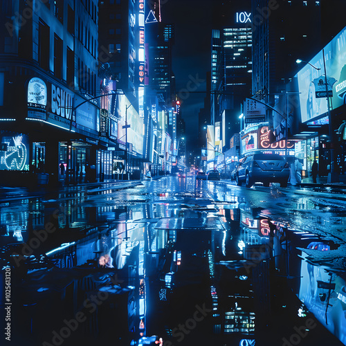 Futuristic Urban Nightscape Bathed in Xenon Light with Rain-Soaked Reflections and Sharp Shadows