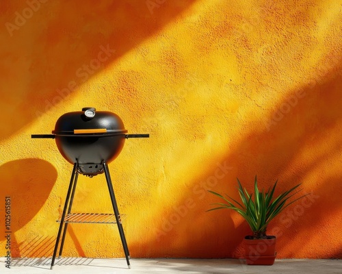 A black charcoal grill stands against a vibrant orange wall, complemented by a green potted plant. Perfect for outdoor cooking enthusiasts seeking a modern aesthetic.