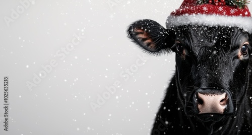 Festive black cow with santa hat in snowy scene