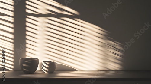 Delicate light through window blinds: Light subtly streaming through horizontal blinds, casting soft linear shadows on minimalist objects, evoking a peaceful ambiance