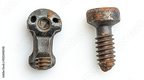 Worn-out screw and broken bolt on a white background