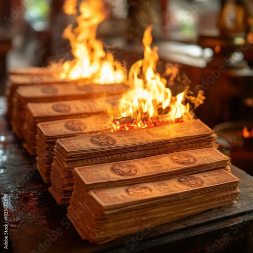 Joss Paper Burning for Ancestors in Chinese New Year or Tomb Sweeping Day - Closeup