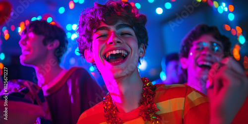 Halloween party fun with boys goofy costume dancing energetically under glowing lights 