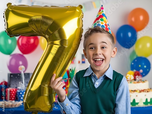 Child's 7th Birthday with Balloons and Cake