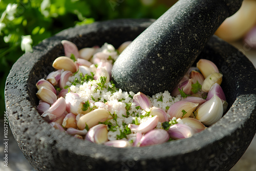 Mortar and pestle crushing garlic cloves and fresh basil and parsley, emphasizing fresh, aromatic ingredients in cooking process