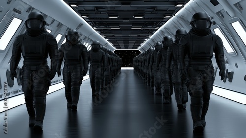 Futuristic space troopers marching in spaceship corridor