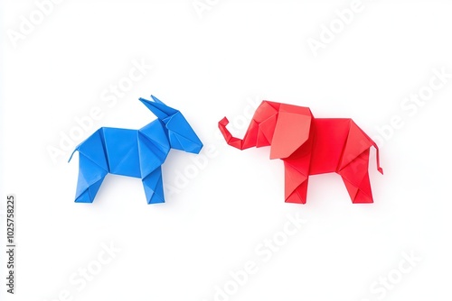 NEW YORK, USA, SEPTEMBER 12, 2024: U.S. Presidential Election 2024: Political Rivalry Between Blue Donkey and Red Elephant Symbolizes 