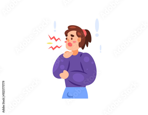 illustration of a woman with a hoarse voice. difficulty in making sounds. feeling pain when speaking. symptoms of Laryngitis or sore throat. health problems. flat style character design. elements