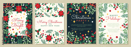 Set of Christmas and New Year greeting and invitation cards with winter plants. Vector design template with botanic elements . Hand-drawn vintage style.