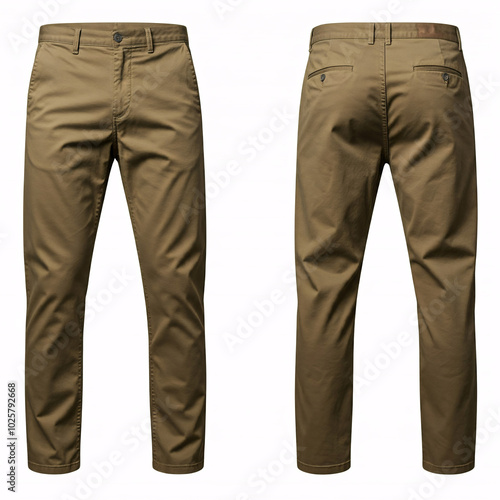 khaki brown men's pants front and back view isolated on white background