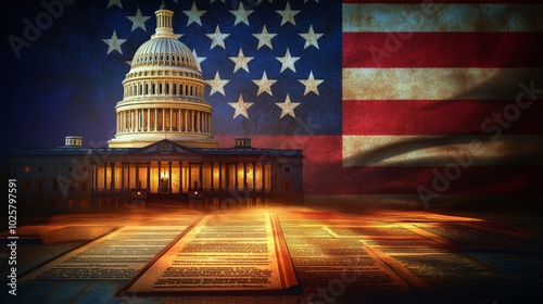 "Capitol Building and American Flag with Historic Documents"