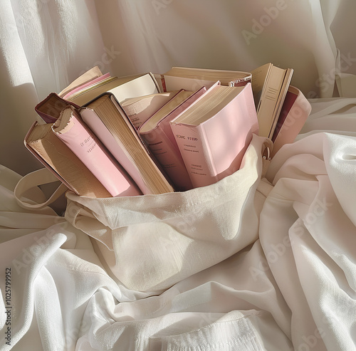 white canvas tote bag filled with pink and cream hardcover books, The book spines have pastel colors like blush pinks or soft whites to complement aesthetic of lightness and romanticism in literature