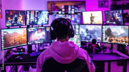 Video game streamer in custom gaming setup with multiple screens