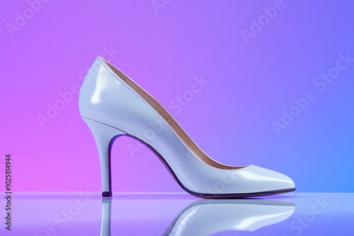 a white high heel shoe on a purple and blue background