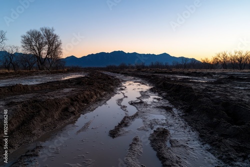 a muddy road in front of a mountain at sunset