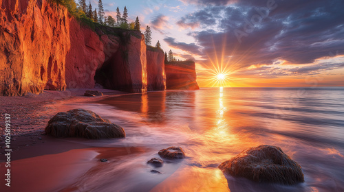 Bay of Fundy, dusk with rising sea water, creating strong currents and small waves sparkling in the orange sunlight, the rock cliffs around the bay reflect the warm rays, Ai generated images