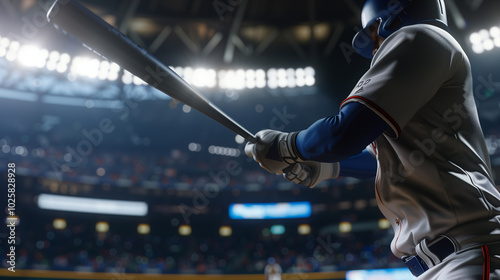 Close-Up of Professional Baseball Player in Uniform, Intensely Focusing on Bat, Ready to Hit Pitch in High-Stakes Playoff Game, Stadium Lights Bright, Shadows on Field