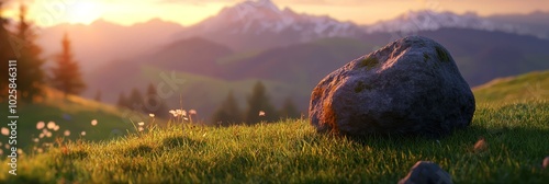  A large rock crowns a lush green hillside, adjacent to a dense forest teeming with numerous trees