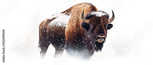  A bison stands in the snow, head askew, mouth agape