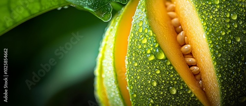  A tight shot of a damp green leaf, studded with water droplets, alongside an adjacent undisturbed green leaf