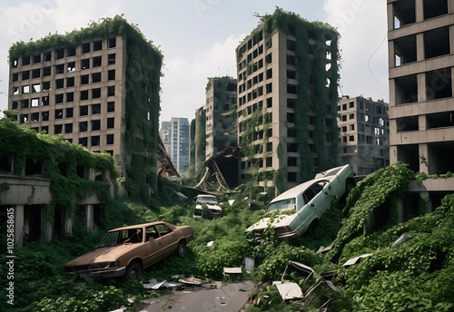 Ruined city engulfed in nature, with collapsed highways, plane crashes, and overgrown ivy reclaiming abandoned structures