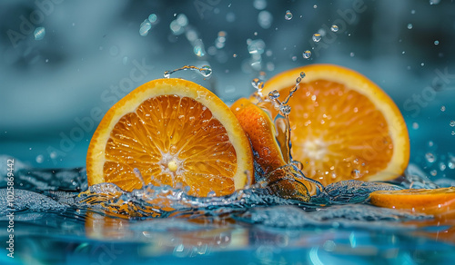 Juicy orange slices splashing into water, creating vibrant motion with droplets, highlighting freshness and the citrusy nature of the fruit. 