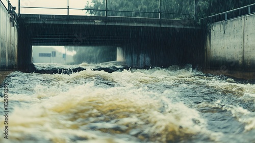 An impactful illustration of a turbulent river flowing under a bridge, with strong currents and heavy rain contributing to the rising water levels, capturing the natural threat posed by the 