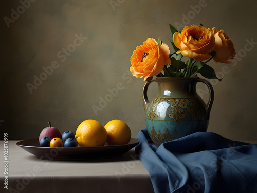 still life with flowers in vase and fruits