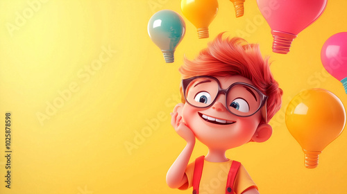 A cartoon child exploring marketing fundamentals with colorful light bulbs in a bright setting