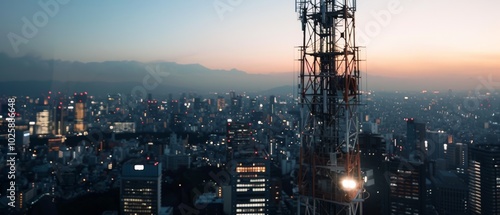 A towering antenna stands sentinel over the sprawling cityscape as the sun sets, painting the horizon with hues of twilight magic.