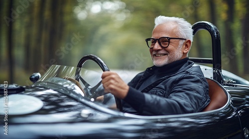 Older man in a high-speed race gripping the steering wheel while maneuvering a race car Stock Photo with side copy space