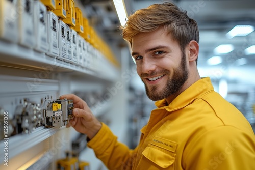 Man in a yellow shirt is smiling and looking at a shelf full of switches. He seems to be happy and content. yellow uniform. white light modern workshop room, contactors on the wall