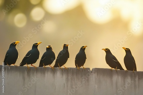 Mynas perch on the wall, chirping in the bright morning sunlight.