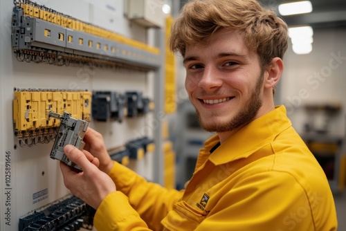 Man in a yellow shirt is smiling and looking at a shelf full of switches. He seems to be happy and content. yellow uniform. white light modern workshop room, contactors on the wall