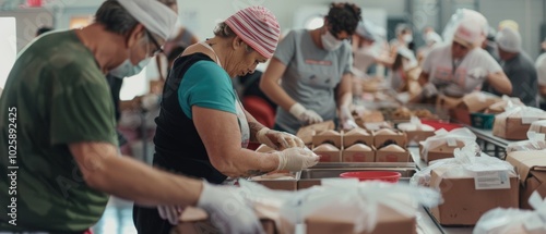 Volunteers in an assembly line diligently pack food boxes in a community effort, reflecting teamwork, compassion, and a spirit of giving.