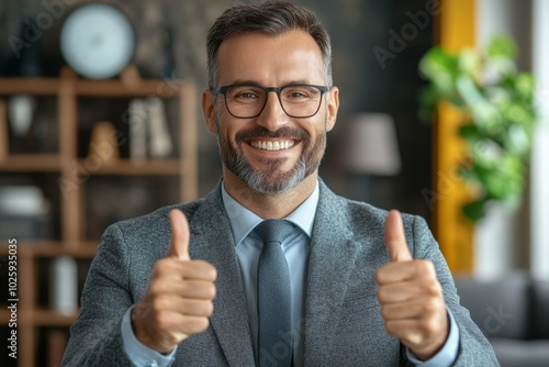 Man in a suit is giving a thumbs up. He is smiling and he is happy. proud consultant in a suite