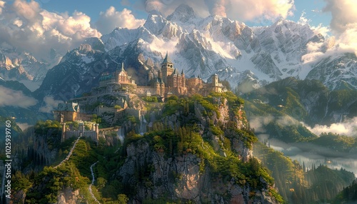 Majestic castle on mountain surrounded by peaks and mist 