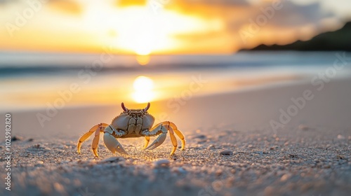 Small crab on a sandy beach at sunset illuminated by the evening sun showcasing the charm of marine crustaceans by the ocean