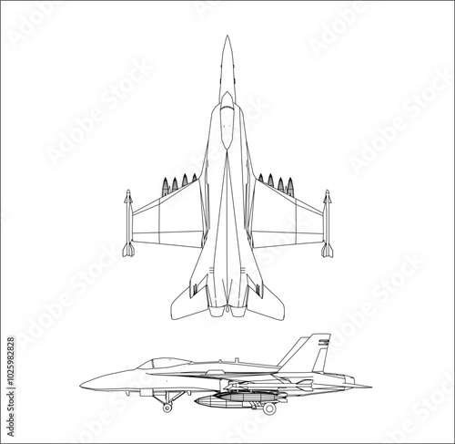 Set of military jet fighter Vector technical drawing blueprint 