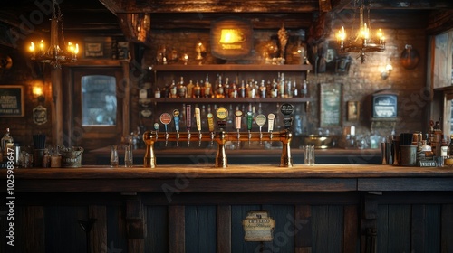 A detailed shot of a saloon bar interior with an authentic western vibe, featuring a rugged wooden counter, brass beer taps, and hanging chandeliers, with ample copy space at the top of the image