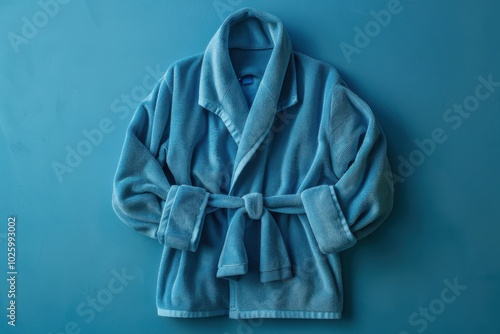 Soft blue bathrobe hanging against a teal background in a cozy interior setting