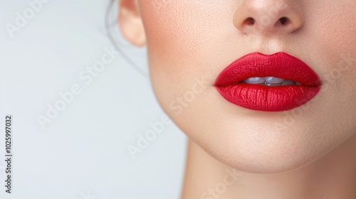 A close-up of a woman's lips featuring vibrant red lipstick, showcasing smooth skin and a soft, polished look against a light background.