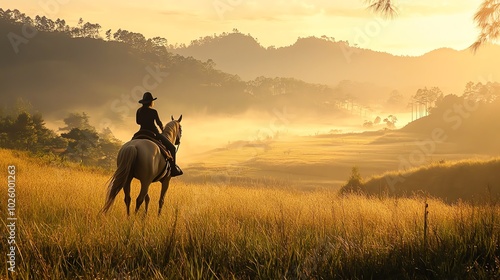 Horse rider in golden sunrise landscape