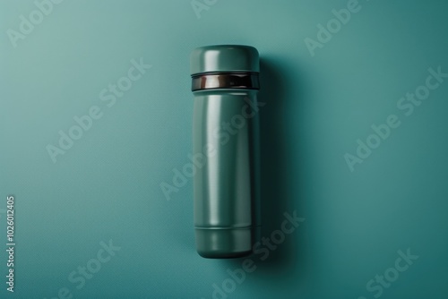 Steel thermos bottle against a teal background in soft lighting