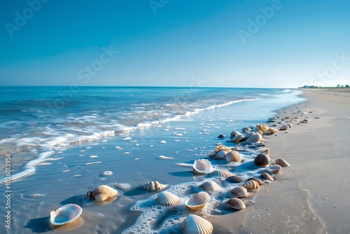 A tranquil beach scene with gentle waves lapping the shore a clear blue sky and seashells scattered along the sandy beach