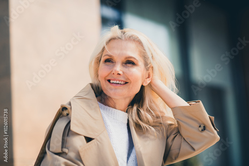 Photo of lovely dreamy nice woman in stylish clothes city center downtown sunny autumn weather day